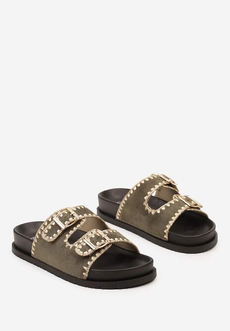 Zielone Klapki na Niskiej Platformie z Przeszyciami i Dwiema Klamrami Deodora