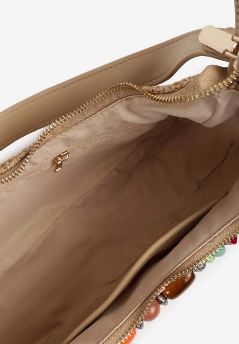 Beżowa Torebka Bagietka Ozdobiona Koralikami Baleris