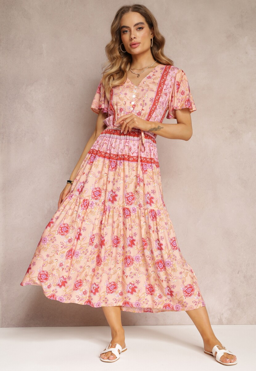 Różowa Kwiecista Sukienka Midi z Gumką w Pasie i Falbanką przy Rękawach Hachitane