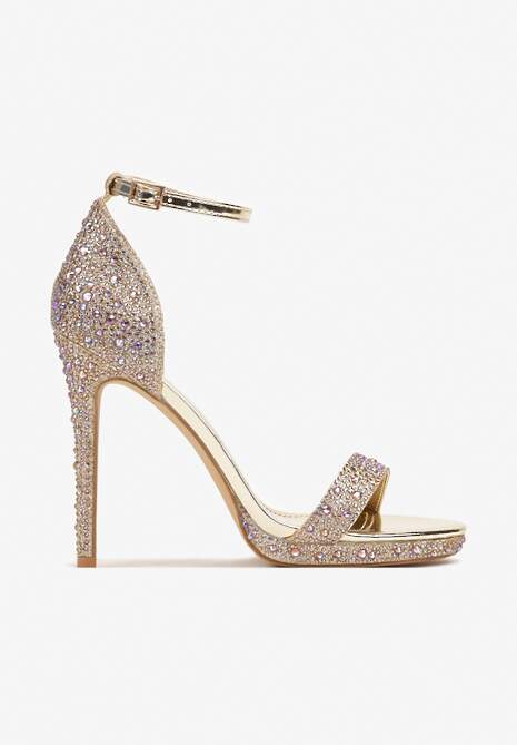 Złote Klasyczne Sandały na Obcasie z Paseczkiem wokół Kostki Ozdobione Cyrkoniami i Brokatem Ezilya