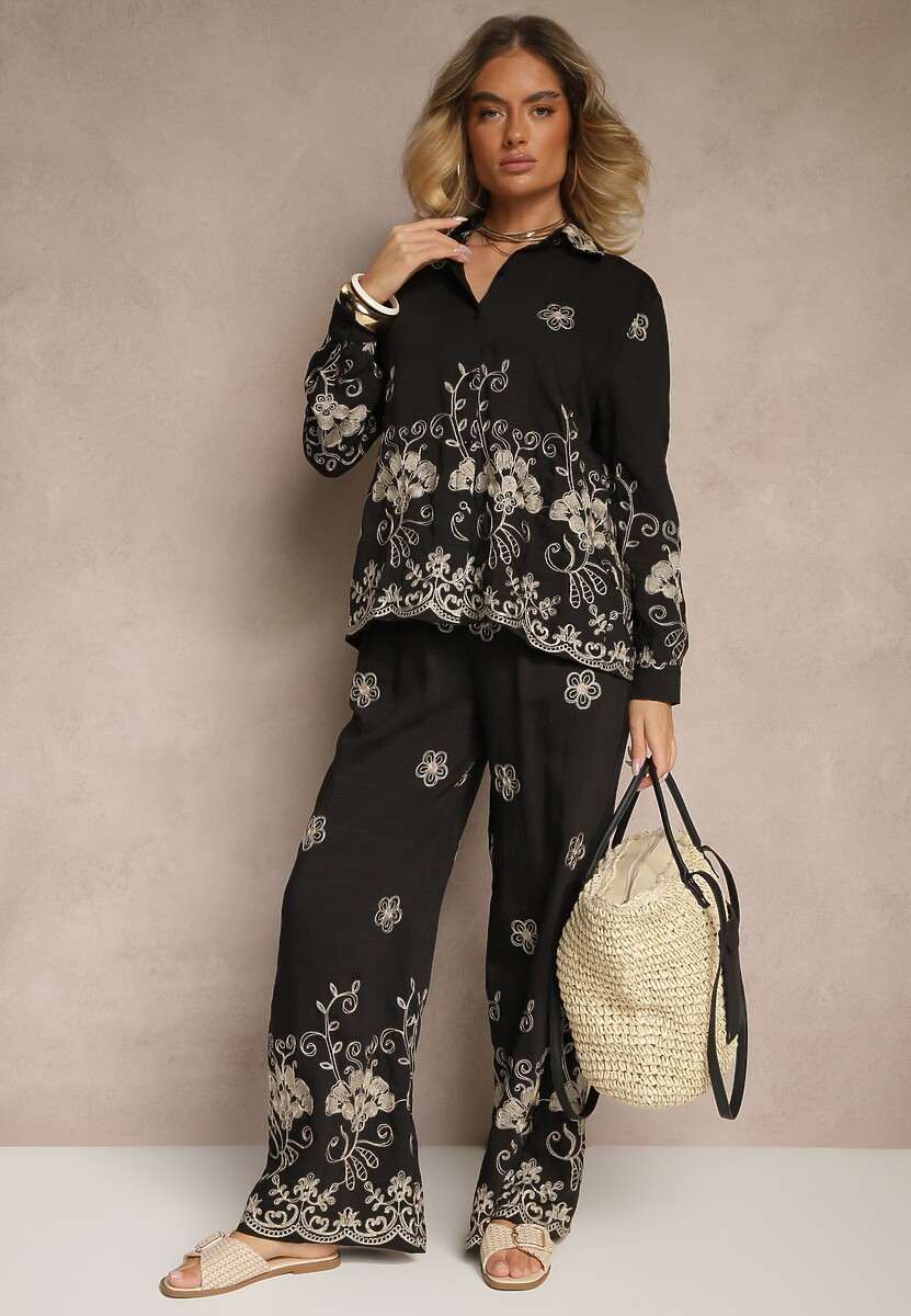 Czarny Komplet z Bawełny Spodnie i Koszula Ozdobiony Metaliczną Nicią i Haftem Cleore