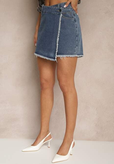 Granatowe Bawełniane Jeansowe Spódnico-Spodenki High Waist o Asymetrycznym Kroju Alwiwi