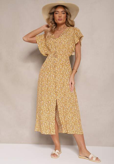 Żółta Sukienka z Bawełny w Cętki o Rozkloszowanym Kroju z Guzikami Aluvellae