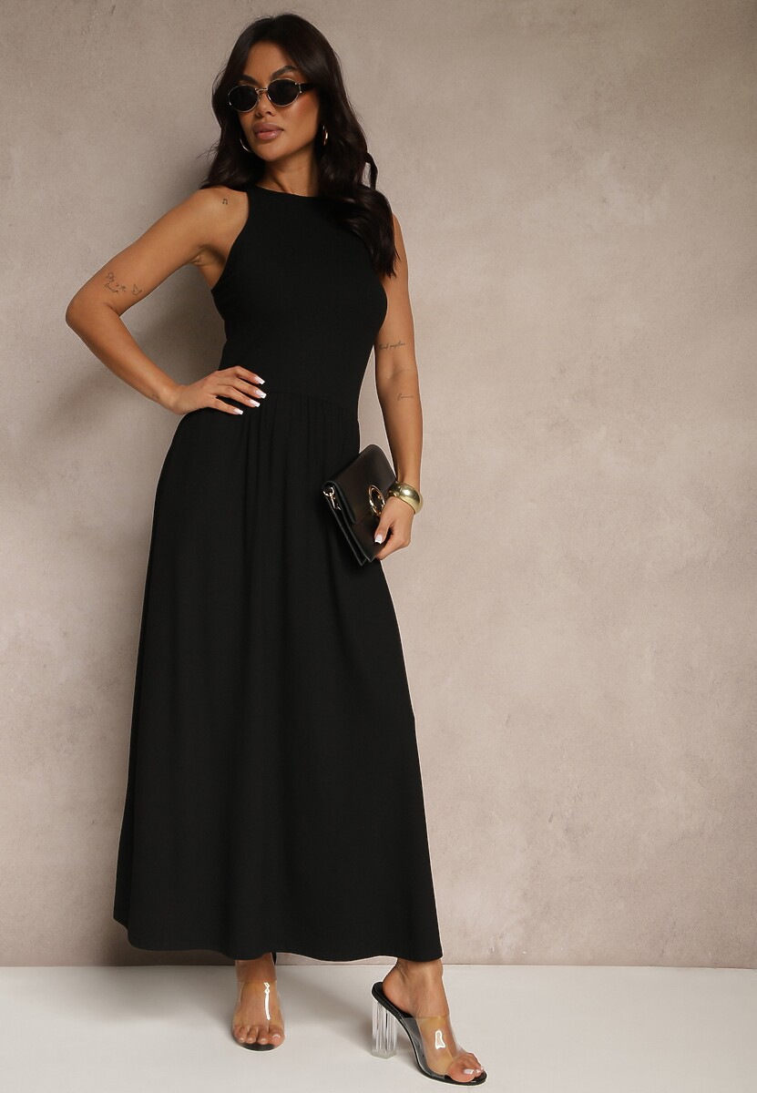 Czarna Rozkloszowana Sukienka z Bawełny z Kieszeniami Lirevane