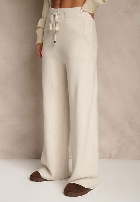 Jasnobeżowe Szerokie Spodnie Dzianinowe Ozdobione Sznurkami Meretusa