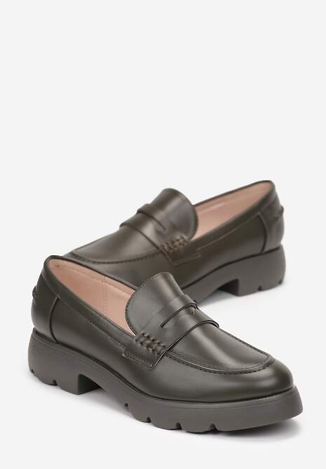 Zielone Wsuwane Mokasyny z Ozdobnym Paskiem na Płaskiej Podeszwie z Protektorem Abellia