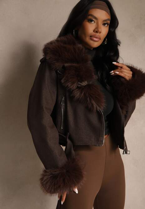 Brązowa Kurtka o Kroju Ramoneski z Ociepleniem Zdobiona Futrem Mevindana