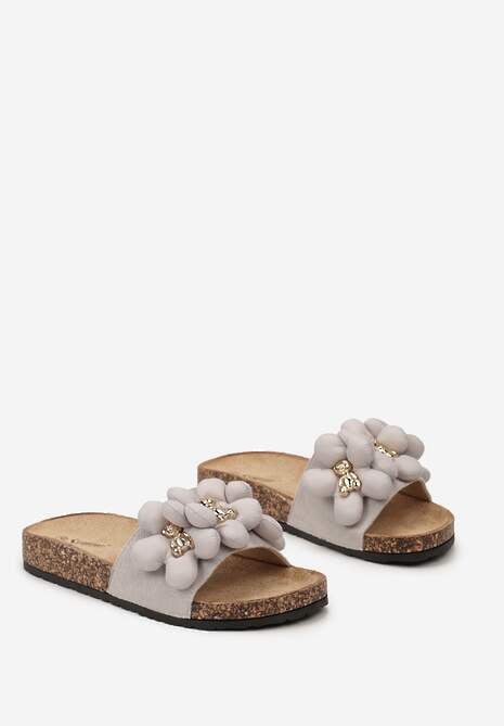 Szare Klapki ze Złotymi Misiami i Kwiatkami na Profilowanej Podeszwie Isaralle