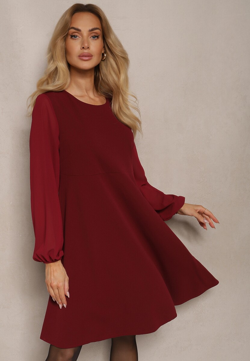 Bordowa Rozkloszowana Sukienka z Bufiastymi Rękawami z Siateczki Edanithe