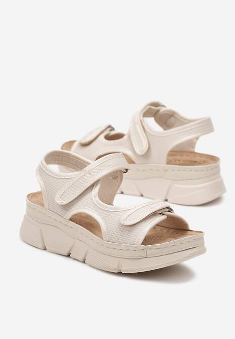 Beżowe Sportowe Sandały na Koturnie z Tłoczeniem z Paskami na Rzep Piovana