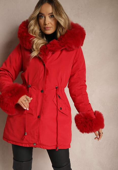 Czerwona Kurtka Parka z Futerkiem i Szerokim Kapturem Florion