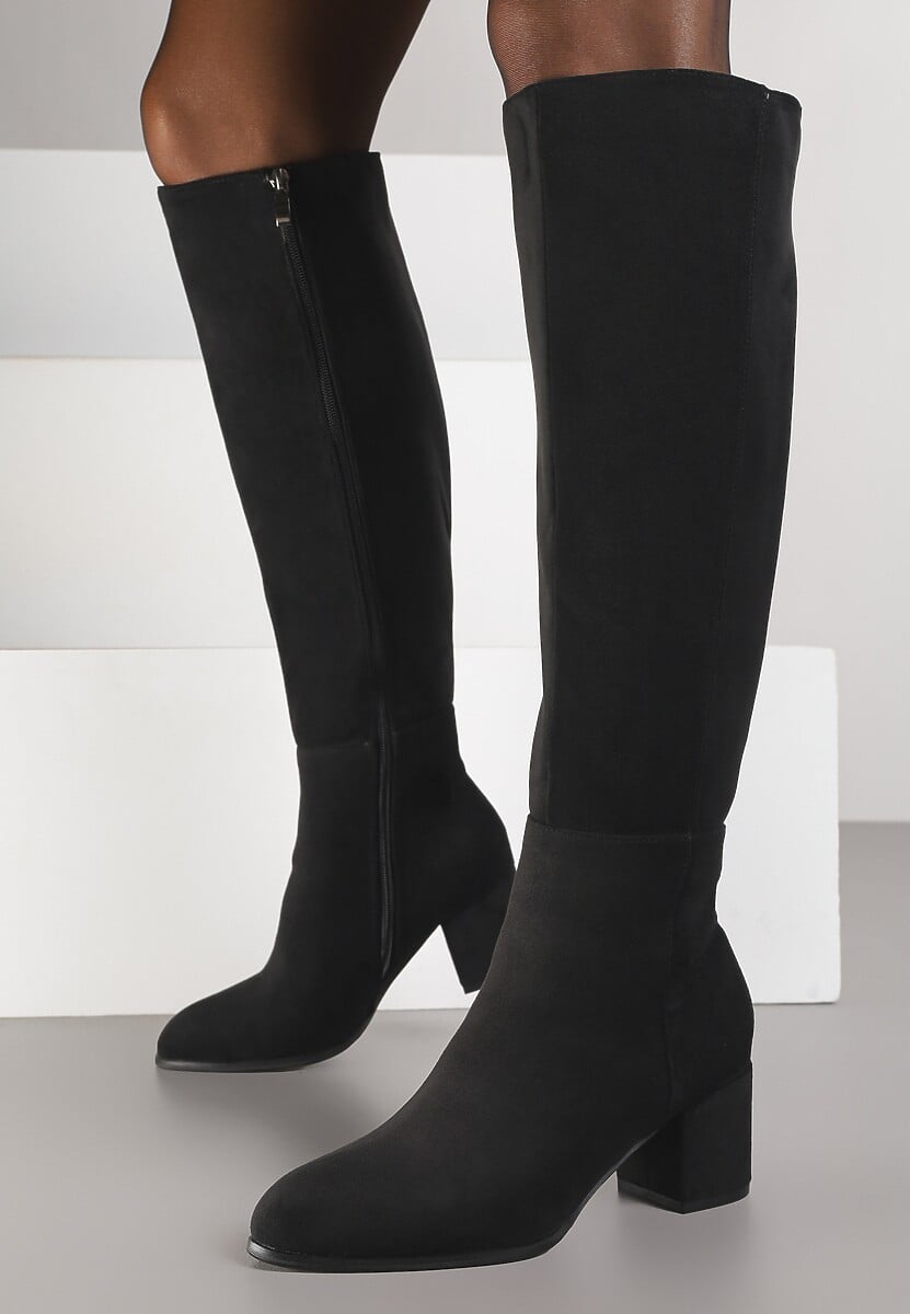 Czarne Kozaki Vices z Imitacji Zamszu na Niskim Obcasie Typu Słupek Ilovea