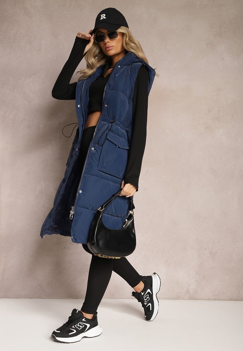 Granatowa Długa Kamizelka z Pikowaniem z Kapturem i Troczkiem w Talii Eutaria