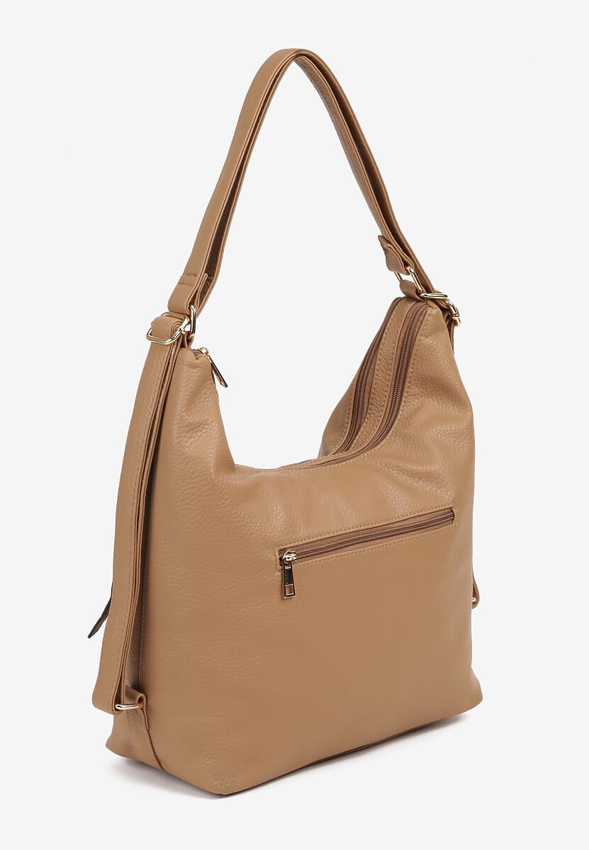 Ciemnobeżowa Torebka Hobo z Regulowanym Paskiem i Kieszeniami z Ozdobnymi Suwakami Sanirael