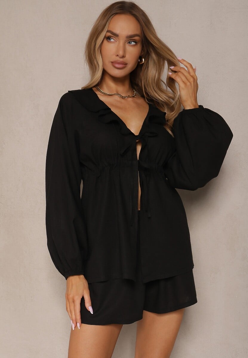 Beżowy Komplet z Lnem Szorty i Bluzka z Wiązaniem i Falbanką Mirovenia