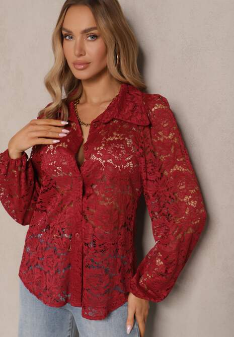 Bordowa Elegancka Koszula Koronkowa Vortizia