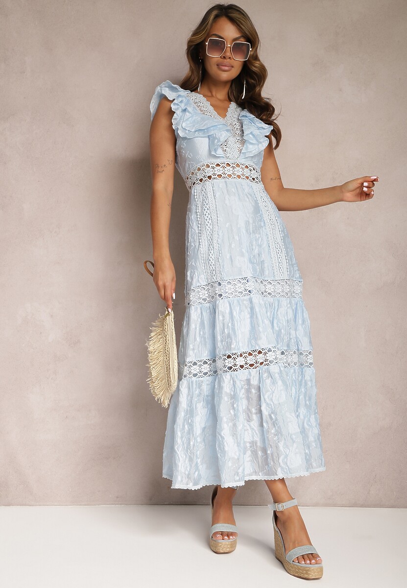 Jasnoniebieska Koronkowa Sukienka z Ażurowymi Wstawkami i Falbanką Rehlia