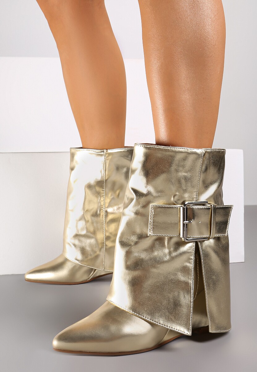 Złote Botki na Koturnie z Paskiem z Regulacją i Wywiniętą Cholewką Teritis