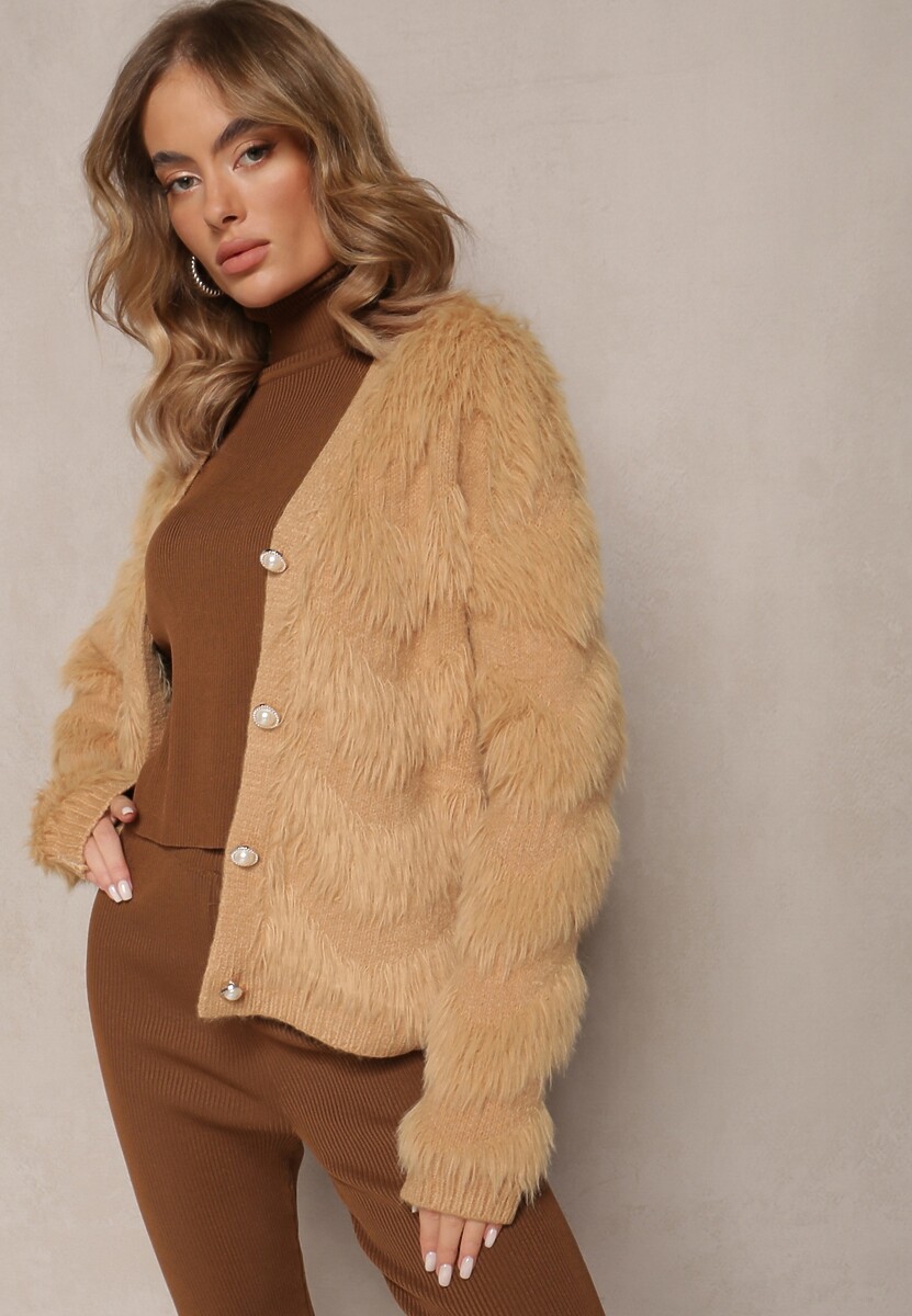 Ciemnobeżowy Zapinany Kardigan na Guziki z Puchatego Materiału Ralioppe