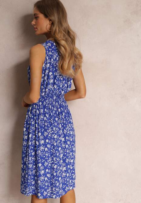 Granatowa Sukienka z Wiskozy z Kopertowym Dekoltem i Gumką w Pasie Hodnisa