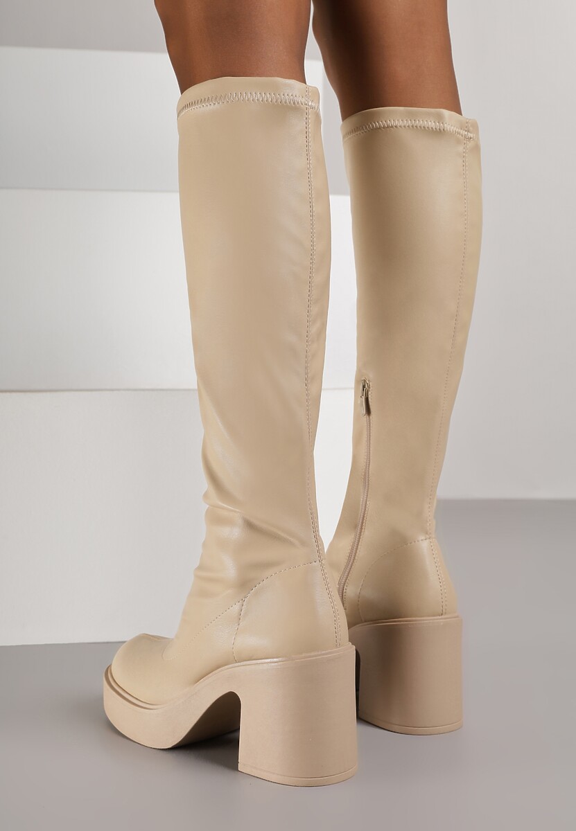 Beżowe Kozaki na Platformie i Słupku z Dopasowaną Cholewką Astila