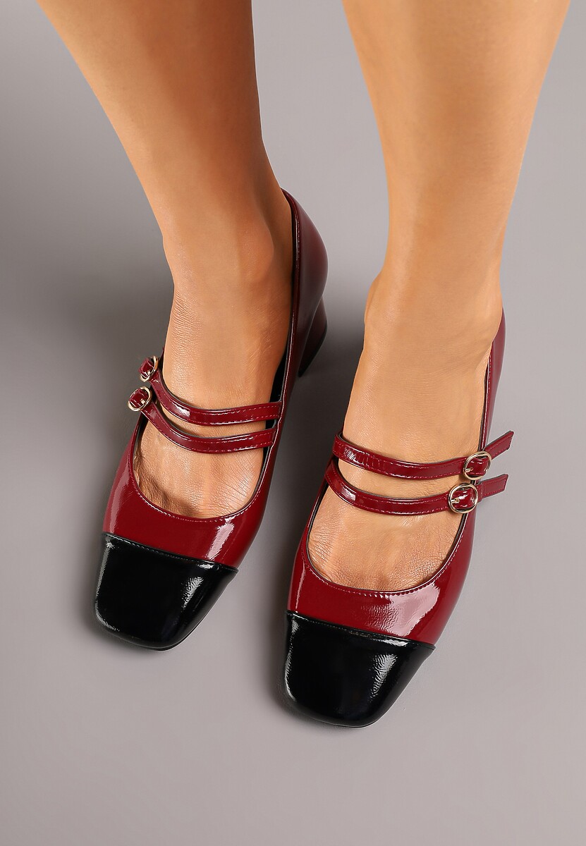 Bordowe Lakierowane Czółenka na Obcasie z Kwadratowym Noskiem i Podwójnym Paskiem Rearielith