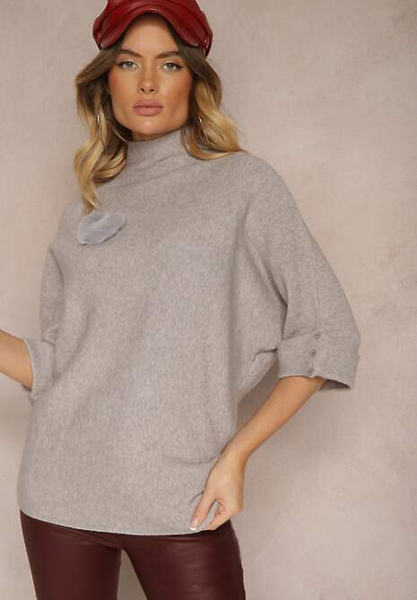 Szary Nietoperzowy Golf z Wiskozą Zdobiony Futrzaną Broszką Jackisha