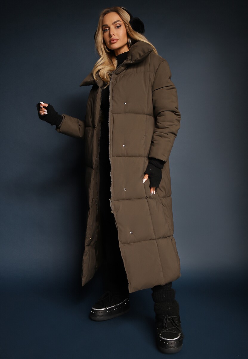 Ciemnozielona Długa Kurtka Pikowana Płaszcz z Paskiem Adellesstta