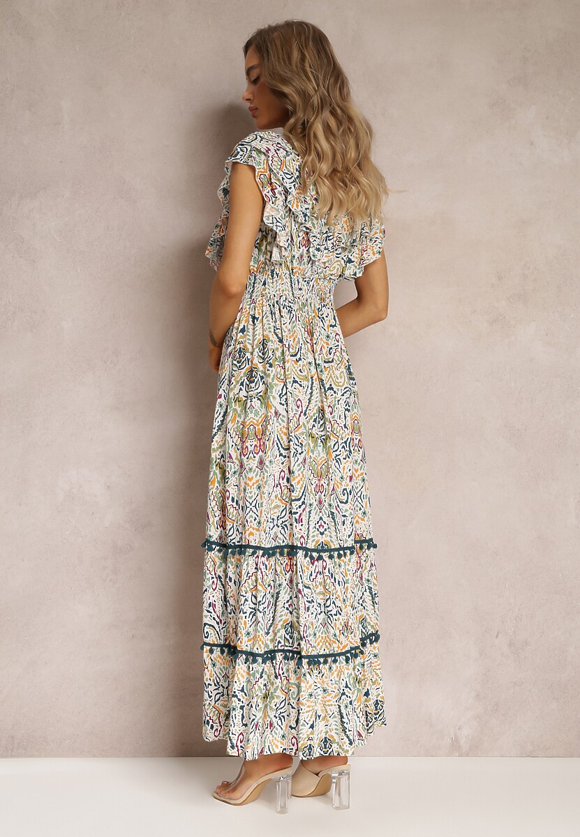 Biało-Beżowa Wiskozowa Sukienka Maxi z Pomponami i Gumką w Talii Belmona