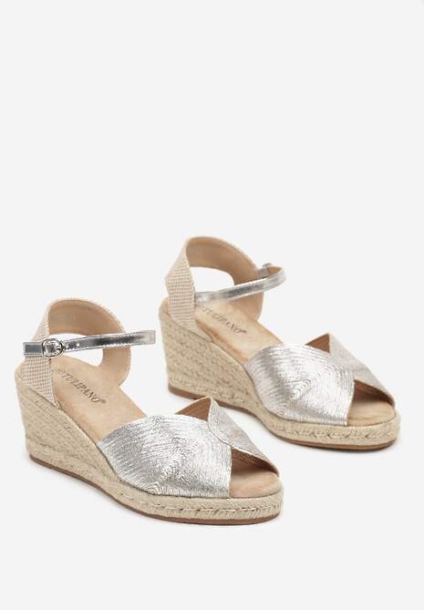 Srebrne Sandały na Koturnie Ozdobionym Plecionką Zapinane przy Kostce Elalou