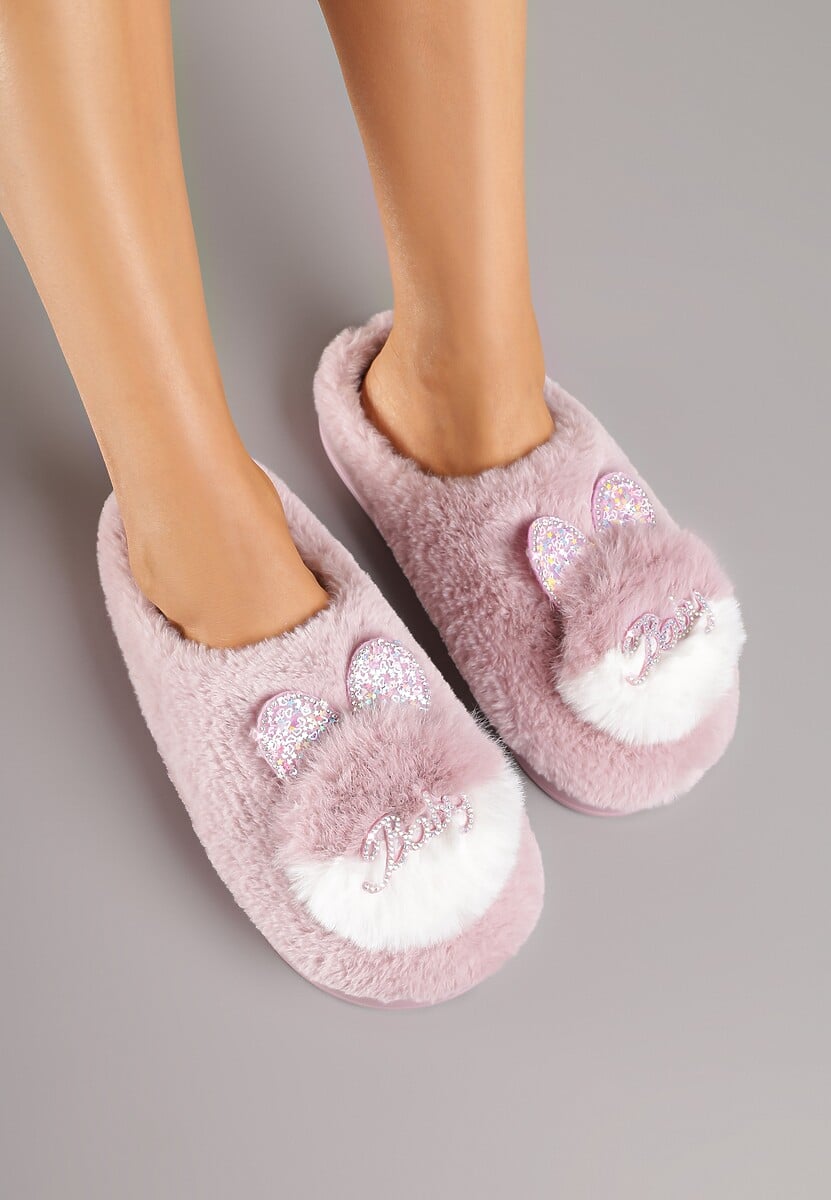 Różowe Płaskie Kapcie z Aplikacją 3D w Kształcie Króliczka Munere