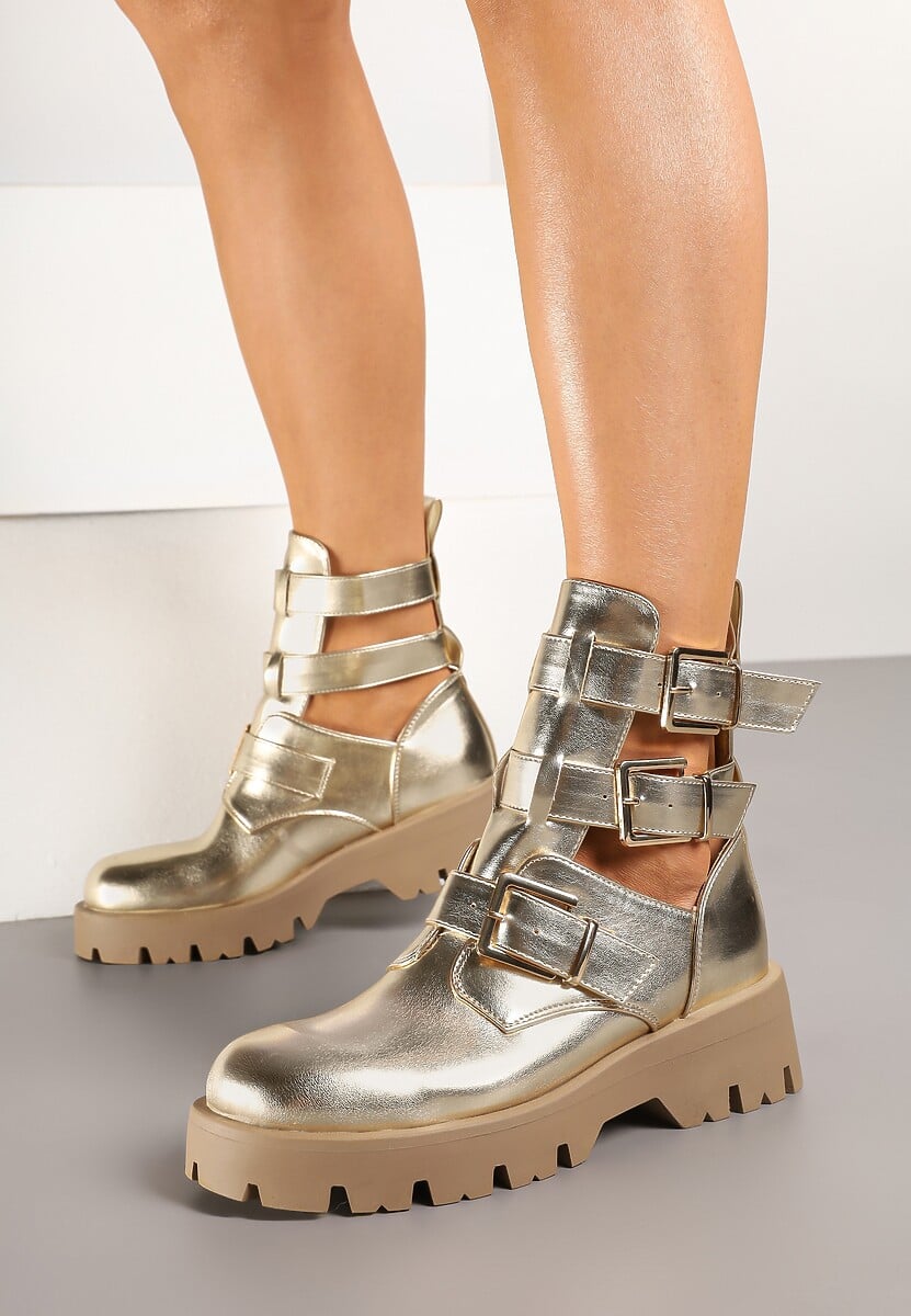 Złote Botki na Grubej Podeszwie Zdobione Wycięciami i Klamrami Seneona