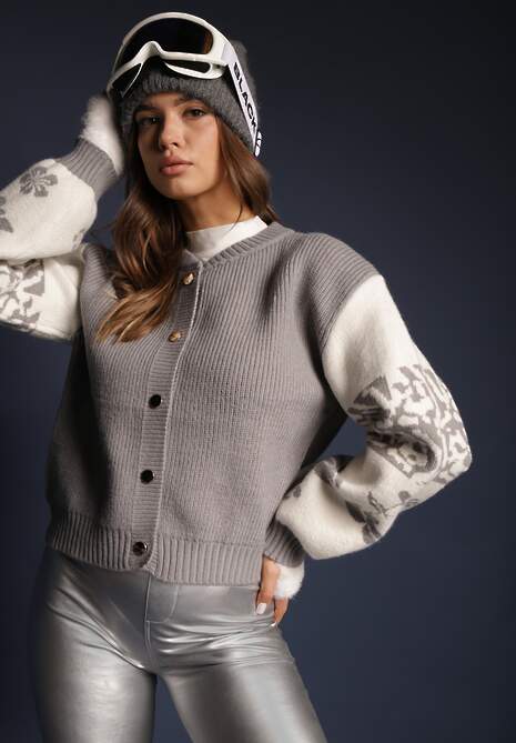 Szary Kardigan z Wiskozy na Guziki Ozdobiony Geometrycznym Wzorem Nelaya