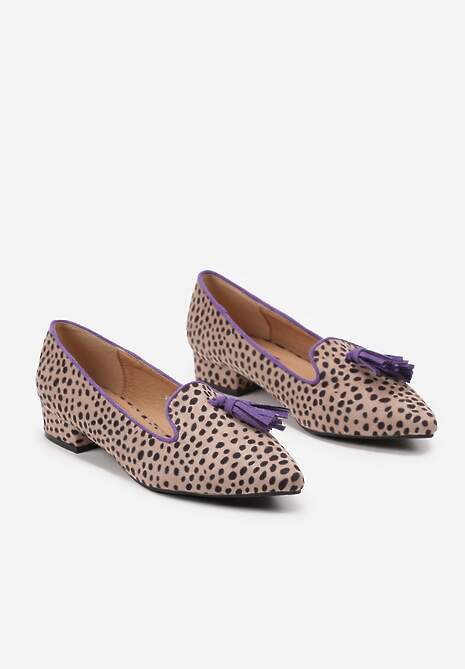 Beżowo-Fioletowe Czółenka Mokasyny na Słupku Ozdobione Frędzlami i Kropkami Bianath