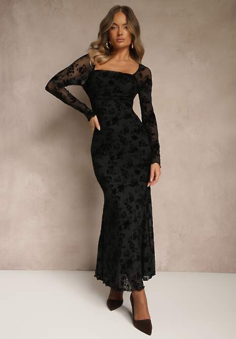 Czarna Sukienka VICES Bodycon z Siateczki Ozdobionej Wzorem w Kwiaty Rivita