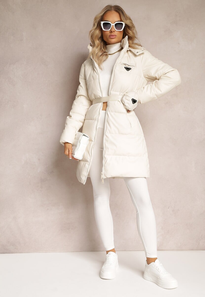 Jasnobeżowa Długa Kurtka z Paskiem Płaszcz z Okrągłą Saszetką w Komplecie Nabili