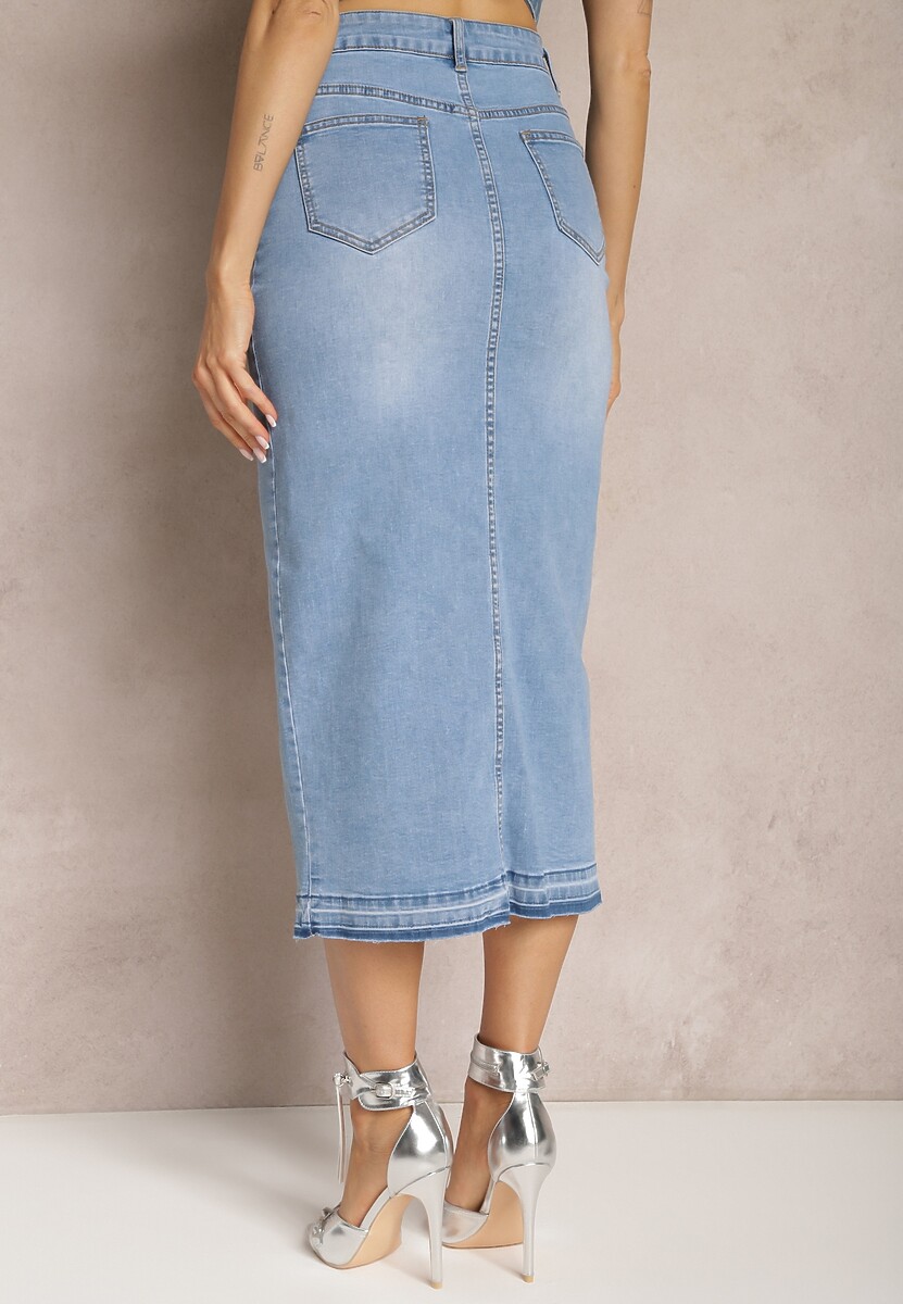 Niebieska Jeansowa Spódnica Midi High Waist z Rozcięciem Lushio