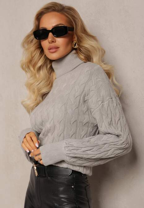 Szary Sweterkowy Golf o Warkoczykowym Splocie Taitusi