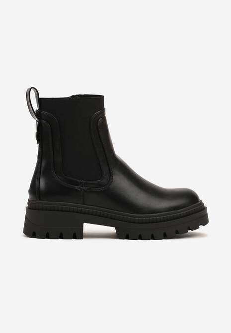 Czarne Płaskie Botki w Stylu Sztybletów z Ozdobnymi Przeszyciami Narirae
