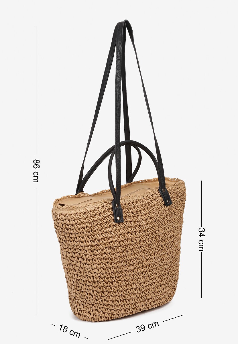 Beżowo-Czarna Torebka z Plecionki z Dodatkową Kieszonką z Ekoskóry Cosina