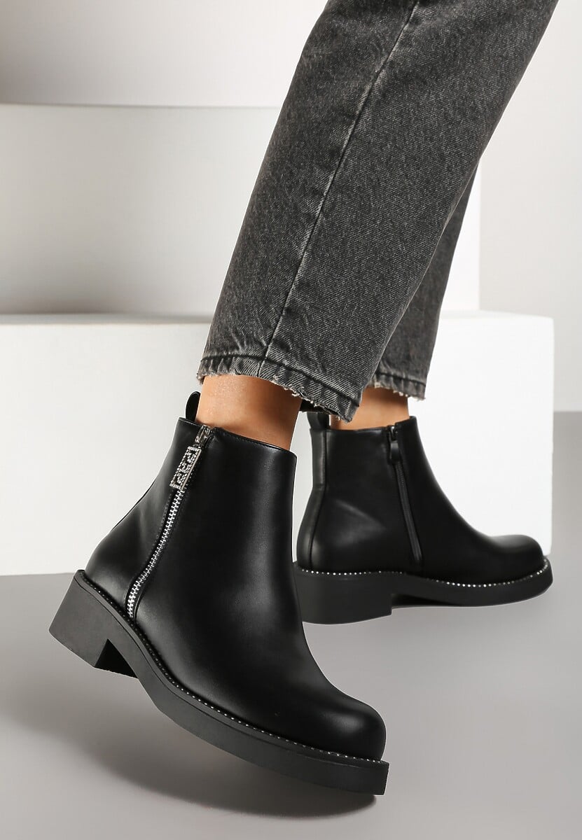 Czarne Płaskie Botki Ozdobione Cyrkoniami i Suwakiem Ravaline