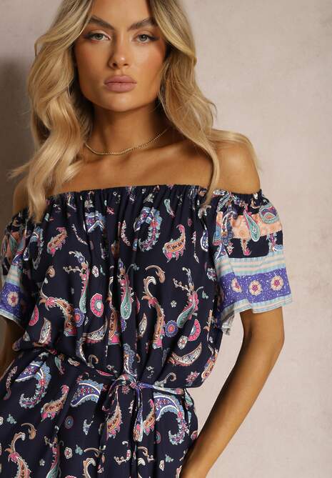 Granatowa Pudełkowa Sukienka z Bawełny we Wzór Paisley z Hiszpańskim Dekoltem Veranica