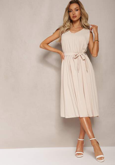 Beżowa Plisowana Sukienka Midi z Plisami na Dole i Paskiem w Talii Wrensilva