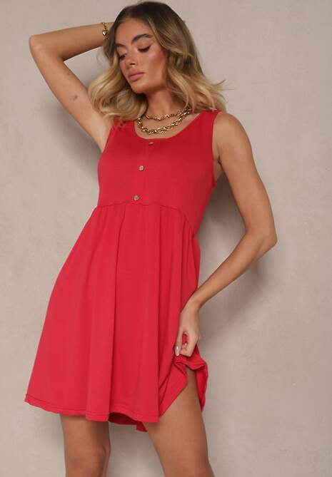 Czerwona Rozkloszowana Sukienka na Szerokich Ramiączkach Zdobiona Guzikami Jenandria