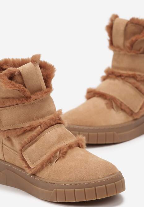 Brązowe Botki za Kostkę z Ozdobnym Futerkiem Eskara