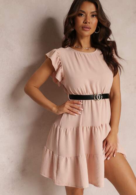 Jasnoróżowa Sukienka Mini z Falbankami Paskiem i Gumką w Talii Lavada