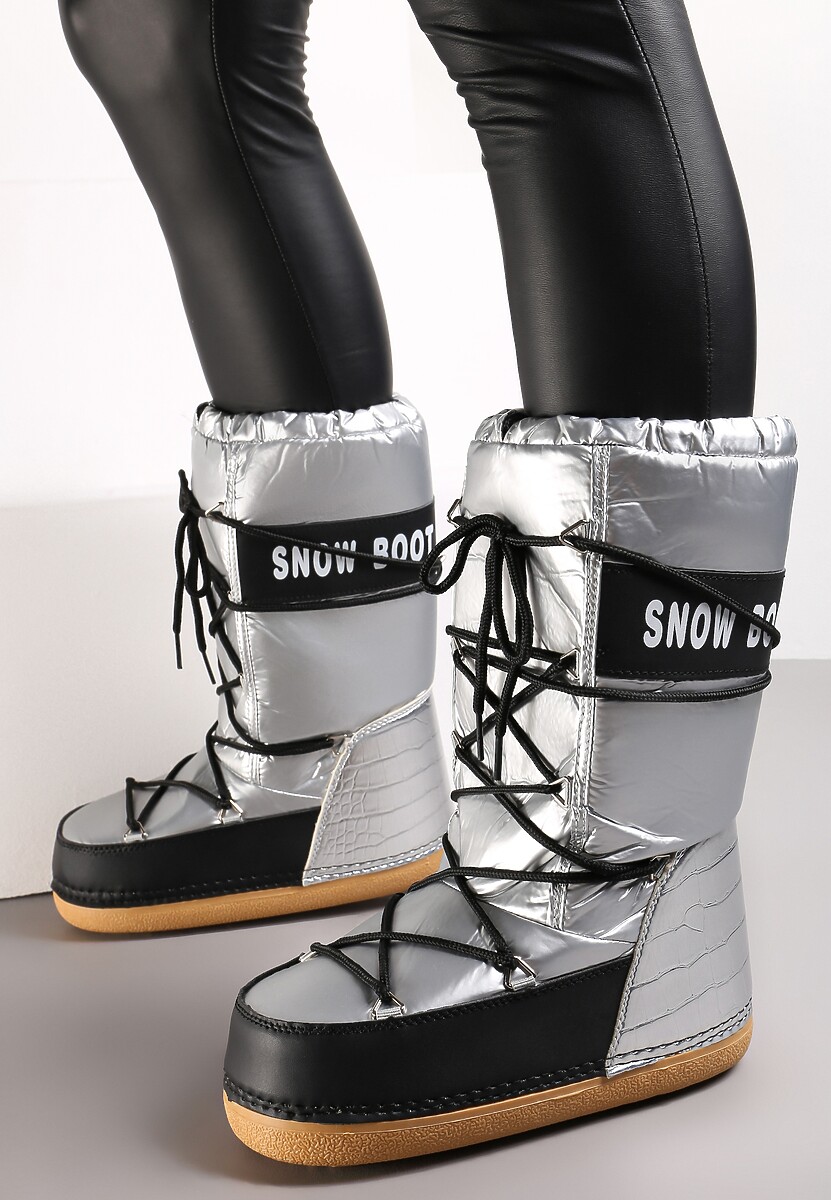 Srebrne Wsuwane Śniegowce na Platformie z Wiązaniem i Ozdobną Taśmą Gorgona