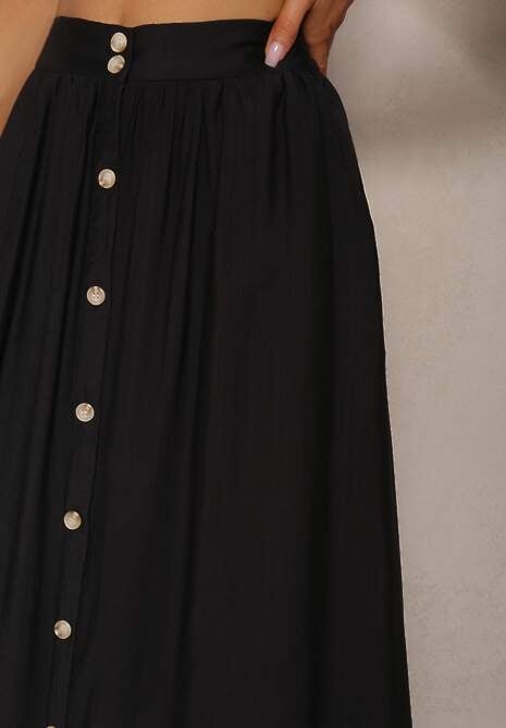 Czarna Wiskozowa Spódnica Rozkloszowana z Lnem Ozdobiona Guzikami Namsila