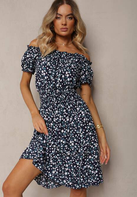 Granatowa Bawełniana Sukienka Midi Hiszpanka z Gumką w Pasie Dnise