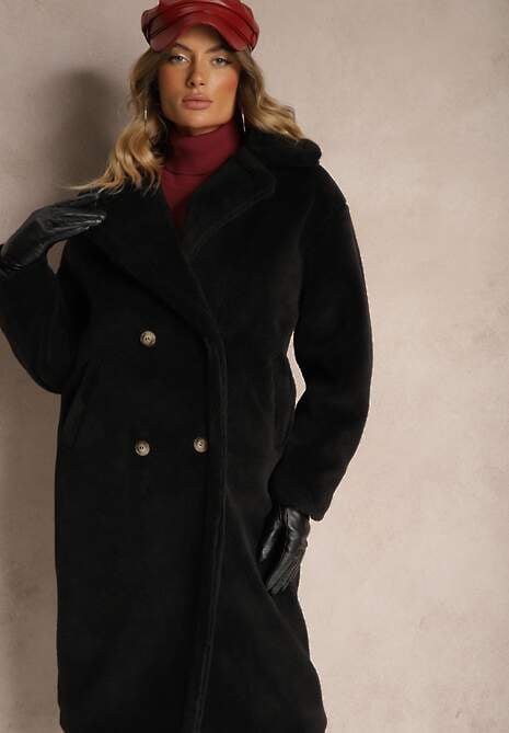 Czarny Dwurzędowy Płaszcz z Futerkiem Zelirra